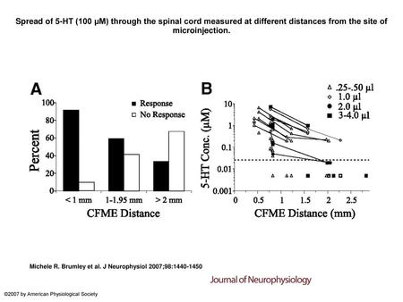 Spread of 5-HT (100 μM) through the spinal cord measured at different distances from the site of microinjection. Spread of 5-HT (100 μM) through the spinal.