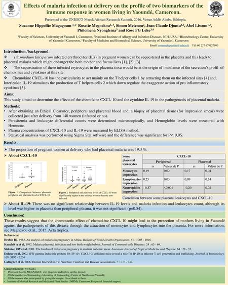 Effects of malaria infection at delivery on the profile of two biomarkers of the immune response in women living in Yaoundé, Cameroon. Presented at the.