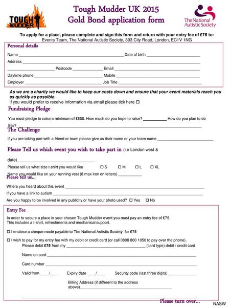 Tough Mudder UK 2015 Gold Bond application form