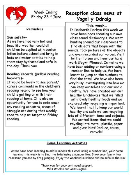 Reception class news at Home Learning activities