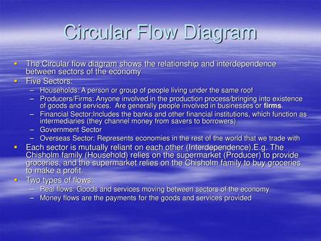 Circular Flow Diagram The Circular flow diagram shows the relationship and interdependence between sectors of the economy Five Sectors: Households: A person.