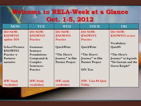 Welcome to RELA-Week at a Glance Oct. 1-5, 2012