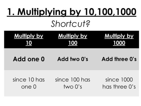 1. Multiplying by 10,100,1000 Shortcut?S Add one 0 Multiply by 10