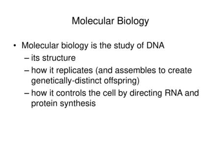 Molecular Biology Molecular biology is the study of DNA its structure