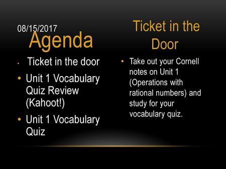 Agenda Ticket in the Door Unit 1 Vocabulary Quiz Review (Kahoot!)