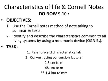 Characteristics of life & Cornell Notes