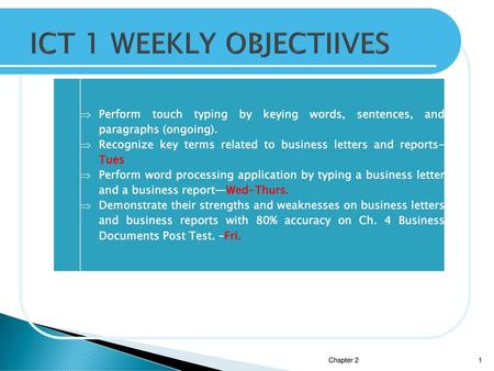 ICT 1 WEEKLY OBJECTIIVES