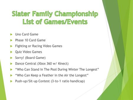 Slater Family Championship List of Games/Events