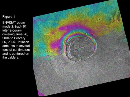 Figure 1 ENVISAT beam mode 2, track 61 interferogram covering June 26, 2004 to Febrary 26, 2005. Inflation amounts to several tens of centimeters and.