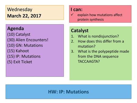 Wednesday March 22, 2017 I can: Agenda Catalyst HW: IP: Mutations