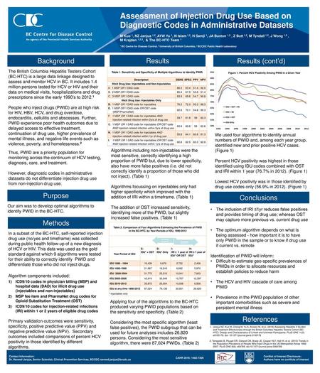 Assessment of Injection Drug Use Based on Diagnostic Codes in Administrative Datasets M Kuo 1, NZ Janjua 1,2, AYW Yu 1, N Islam 1,2, H Samji 1, JA Buxton.