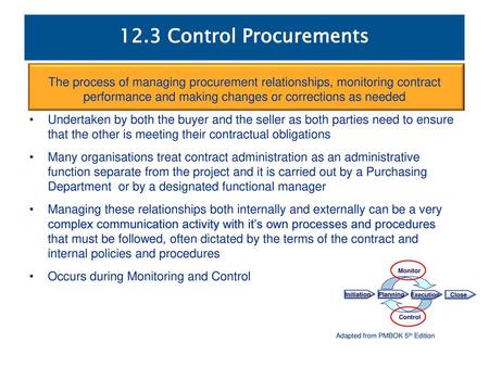 12.3 Control Procurements The process of managing procurement relationships, monitoring contract performance and making changes or corrections as needed.