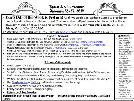 Room A-5 Homework January 23-27, 2017