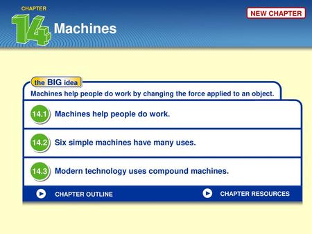 Machines 14.1 Machines help people do work. 14.2