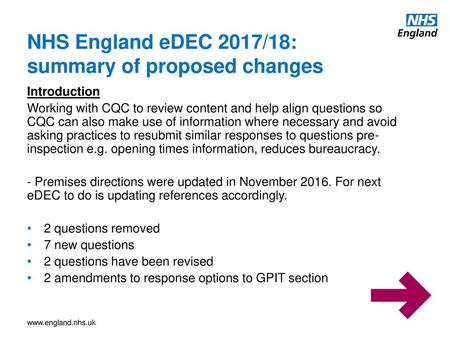 NHS England eDEC 2017/18: summary of proposed changes