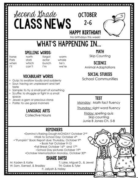 class news Second Grade October 2-6 What’s Happening in...