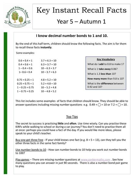 I know decimal number bonds to 1 and 10.