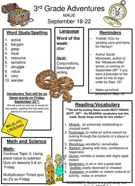 3rd Grade Adventures September Reading/Vocabulary