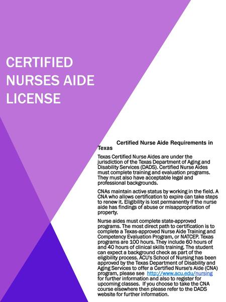 Certified nurses aide license