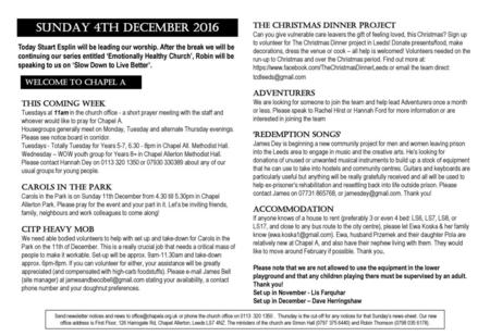 SUNDAY 4th December 2016 The Christmas Dinner project