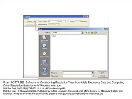 FIG. 1. The Poptree window that appears right after starting POPTREE2 and the dialog box for specifying an input data file. When users start POPTREE2,