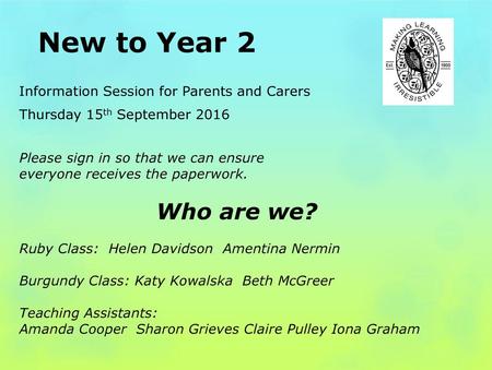 New to Year 2 Who are we? Information Session for Parents and Carers