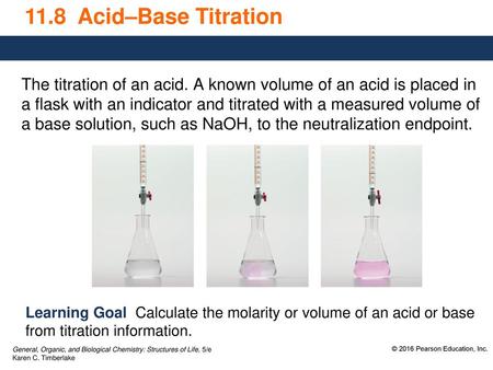 11.8 Acid–Base Titration The titration of an acid. A known volume of an acid is placed in a flask with an indicator and titrated with a measured volume.