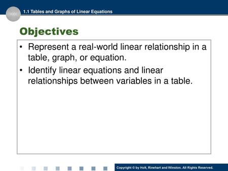 1.1 Tables and Graphs of Linear Equations