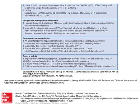 A proposed summary algorithm for thrombophilia workup and anticoagulation therapy. (© Michael R. Foley, MD, Professor and Chairman, Department of Obstetrics.