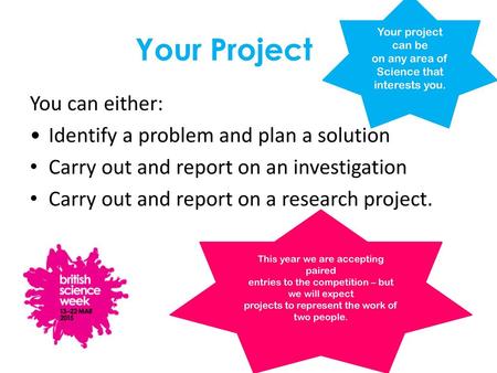 Your Project You can either: Identify a problem and plan a solution