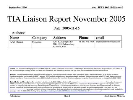 TIA Liaison Report November 2005