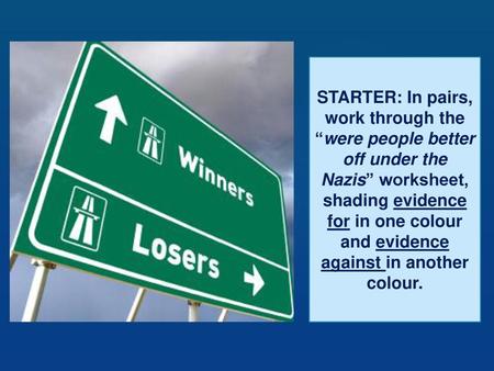 STARTER: In pairs, work through the “were people better off under the Nazis” worksheet, shading evidence for in one colour and evidence against in another.