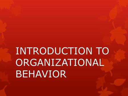 INTRODUCTION TO ORGANIZATIONAL BEHAVIOR