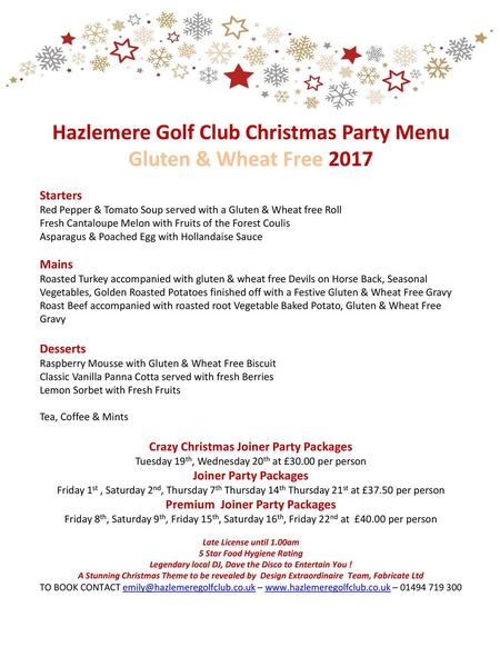 Hazlemere Golf Club Christmas Party Menu Gluten & Wheat Free 2017