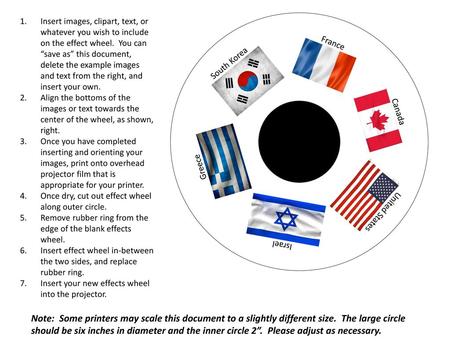 Insert images, clipart, text, or whatever you wish to include on the effect wheel. You can “save as” this document, delete the example images and text.