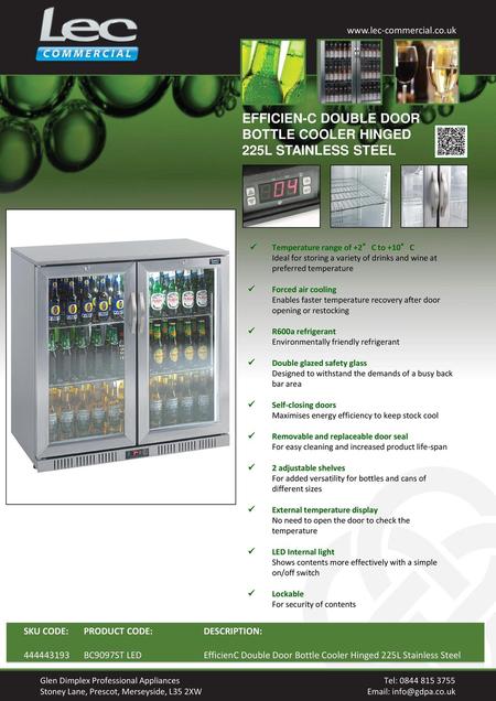 EFFICIEN-C DOUBLE DOOR BOTTLE COOLER HINGED 225L STAINLESS STEEL