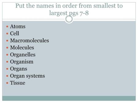 Put the names in order from smallest to largest pgs 7-8