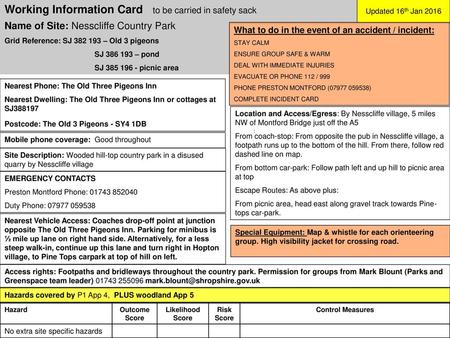 Working Information Card to be carried in safety sack