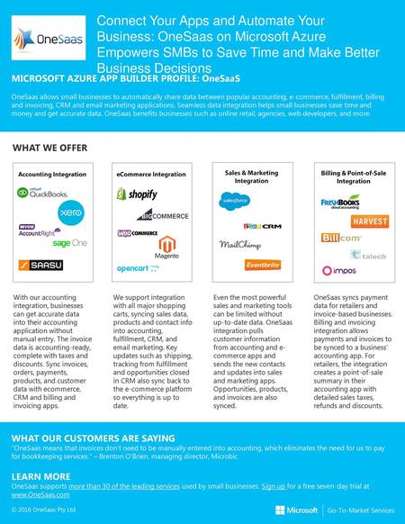 Connect Your Apps and Automate Your Business: OneSaas on Microsoft Azure Empowers SMBs to Save Time and Make Better Business Decisions MICROSOFT AZURE.