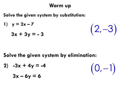 Solve the given system by elimination: 2) -3x + 4y = -4 3x – 6y = 6