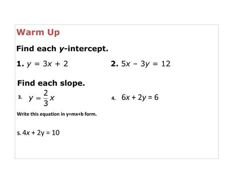 Warm Up Find each y-intercept. 1. y = 3x x – 3y = 12