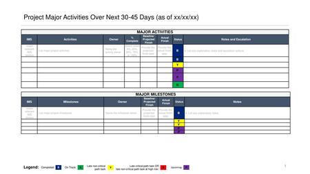 Project Major Activities Over Next Days (as of xx/xx/xx)