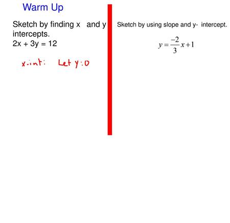 Warm Up Sketch by finding x and y intercepts. 2x + 3y = 12