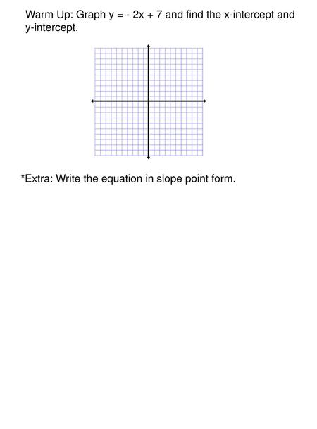 Warm Up: Graph y = - 2x + 7 and find the x-intercept and y-intercept.