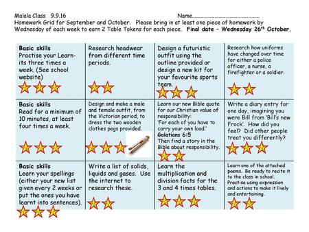 Malala Class 9.9.16   Name……………………………………………… Homework Grid for September and October.