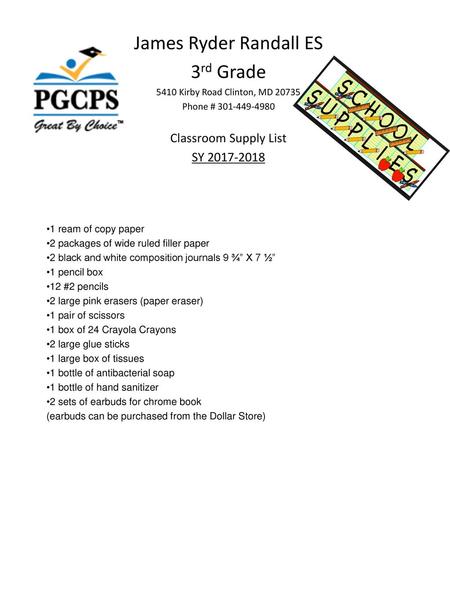 James Ryder Randall ES 3rd Grade Classroom Supply List SY