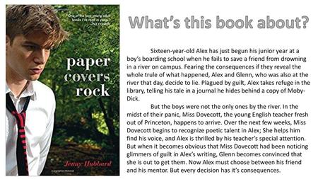 What’s this book about? Sixteen-year-old Alex has just begun his junior year at a boy’s boarding school when he fails to save a friend from drowning in.