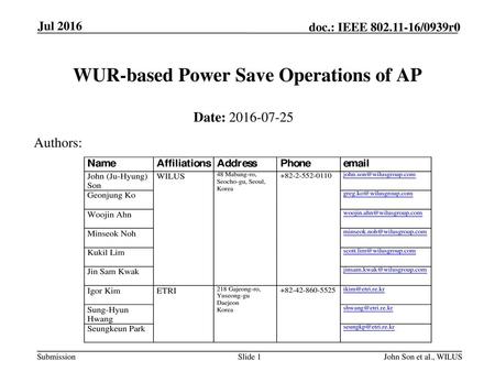 WUR-based Power Save Operations of AP