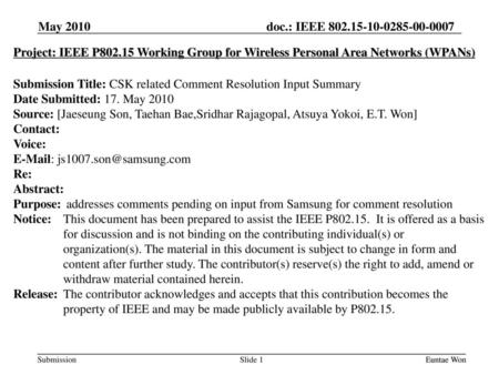 Submission Title: CSK related Comment Resolution Input Summary