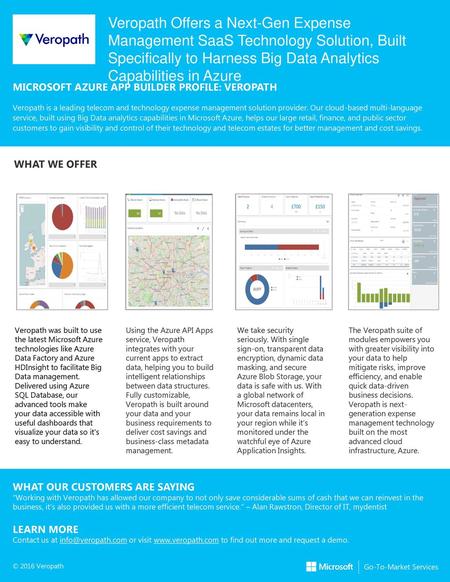 Partner Logo Veropath Offers a Next-Gen Expense Management SaaS Technology Solution, Built Specifically to Harness Big Data Analytics Capabilities in Azure.